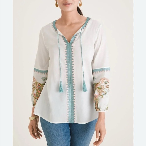 Chicos Boho embroidered beaded peasant blouse size 3 - Picture 1 of 11